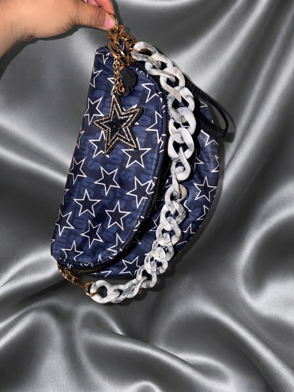 Star Print Navy Shoulder Bumbag with gray Chain & keychain